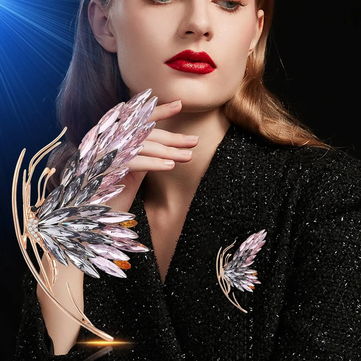 14K Gold Chic Butterfly Brooch with Gradient Red/Purple/Blue Crystal Highlights, Embodying Graceful Wing Movements, Sophisticated Pin for Women's Blazers and Overcoats
