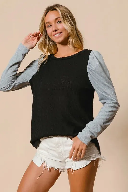 BiBi Cable Sweater Knit Top with Contrast Puff Sleeve
