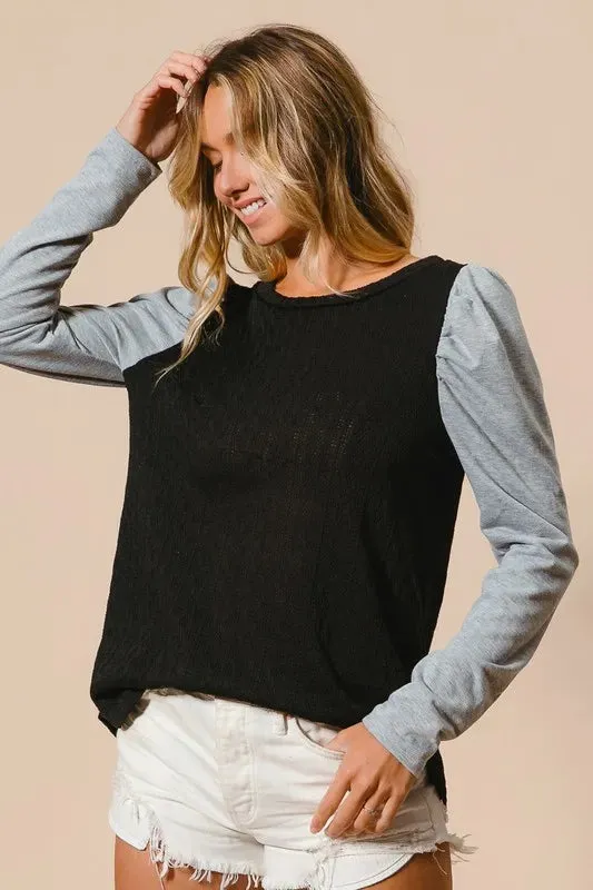 BiBi Cable Sweater Knit Top with Contrast Puff Sleeve