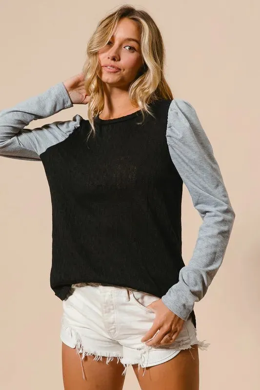 BiBi Cable Sweater Knit Top with Contrast Puff Sleeve