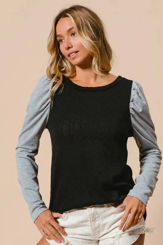 BiBi Cable Sweater Knit Top with Contrast Puff Sleeve