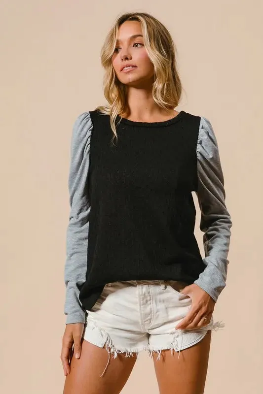 BiBi Cable Sweater Knit Top with Contrast Puff Sleeve