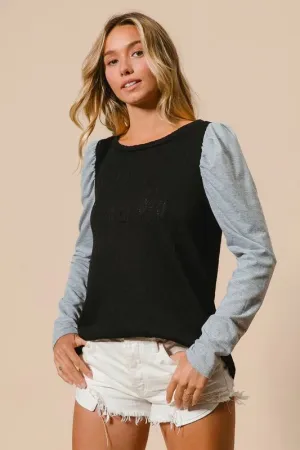 BiBi Cable Sweater Knit Top with Contrast Puff Sleeve
