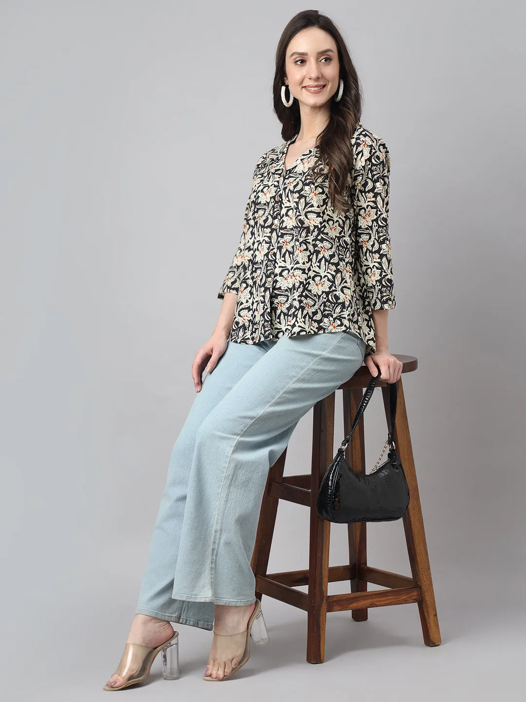 Black Cotton Floral Print Top