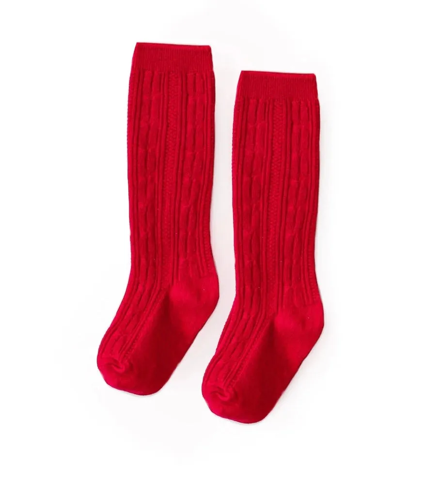 Bright Red Cable Knit Knee High Socks