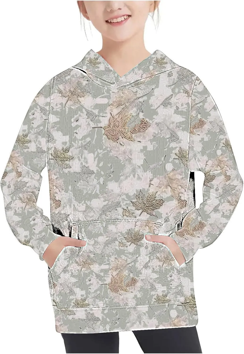 Children's Hoodies Camo Oversized Sweatshirt Maple Leaf Print Pullover Trendy Cute Long Sleeve Tops with Pockets