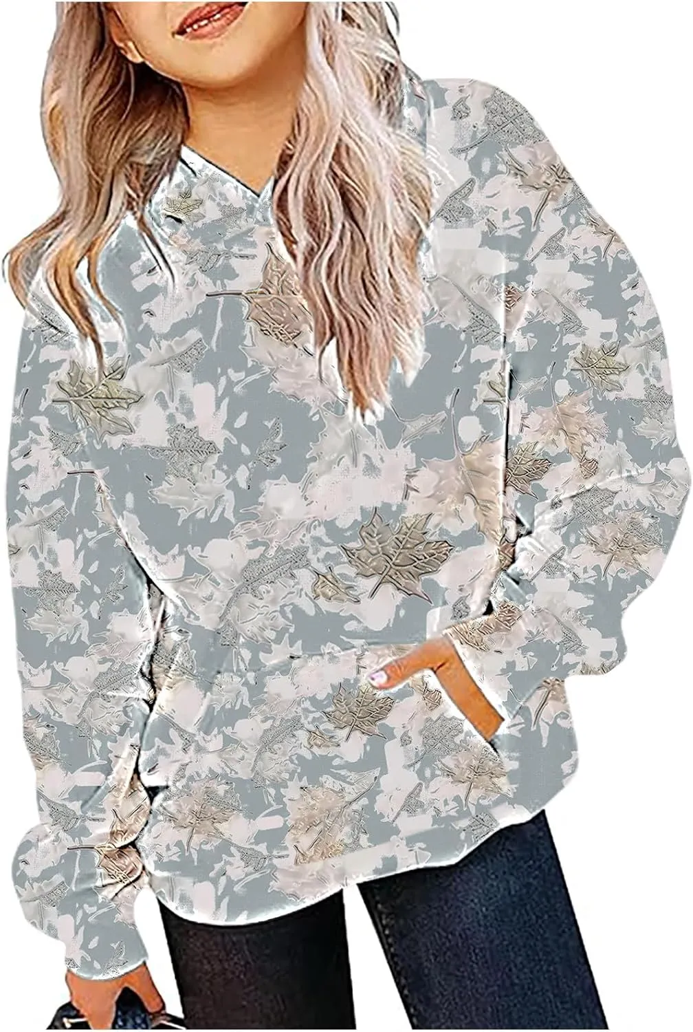 Children's Hoodies Camo Oversized Sweatshirt Maple Leaf Print Pullover Trendy Cute Long Sleeve Tops with Pockets
