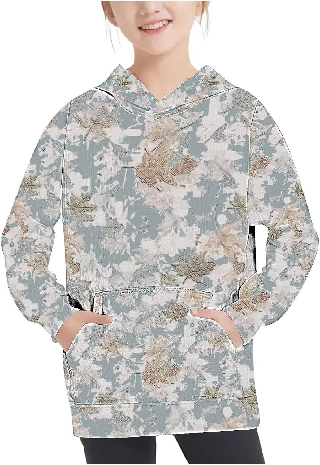 Children's Hoodies Camo Oversized Sweatshirt Maple Leaf Print Pullover Trendy Cute Long Sleeve Tops with Pockets