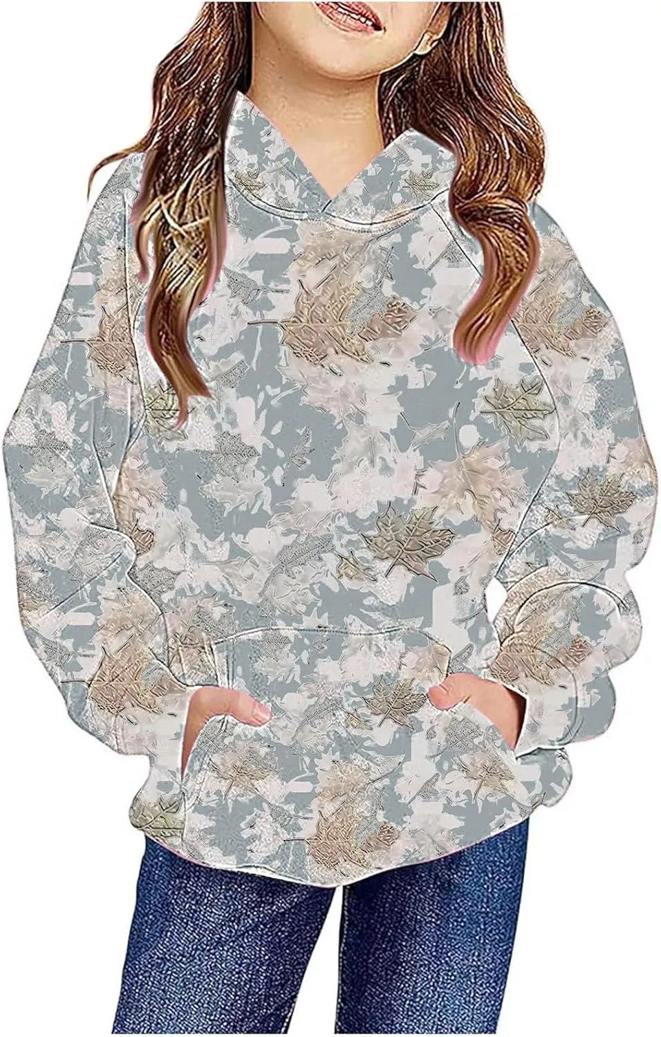 Children's Hoodies Camo Oversized Sweatshirt Maple Leaf Print Pullover Trendy Cute Long Sleeve Tops with Pockets