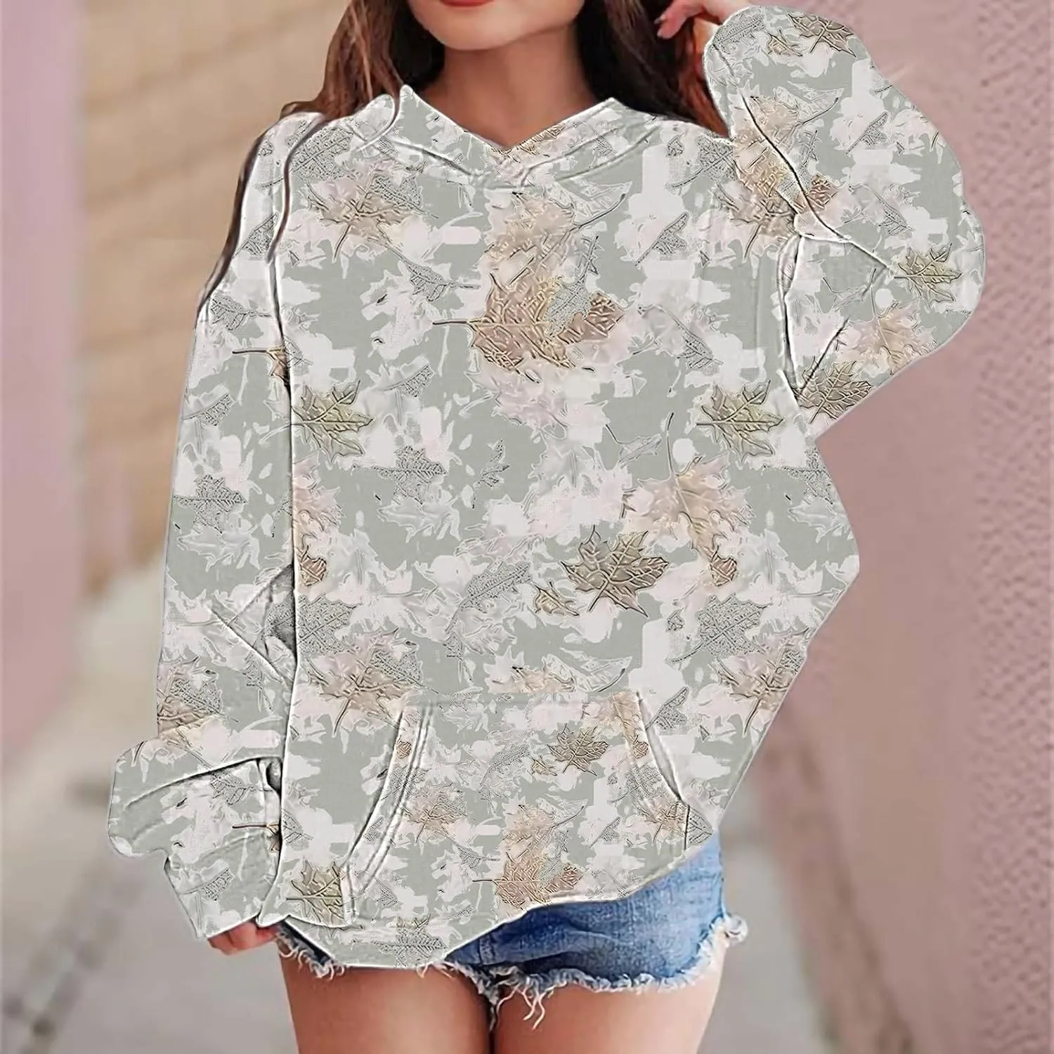 Children's Hoodies Camo Oversized Sweatshirt Maple Leaf Print Pullover Trendy Cute Long Sleeve Tops with Pockets