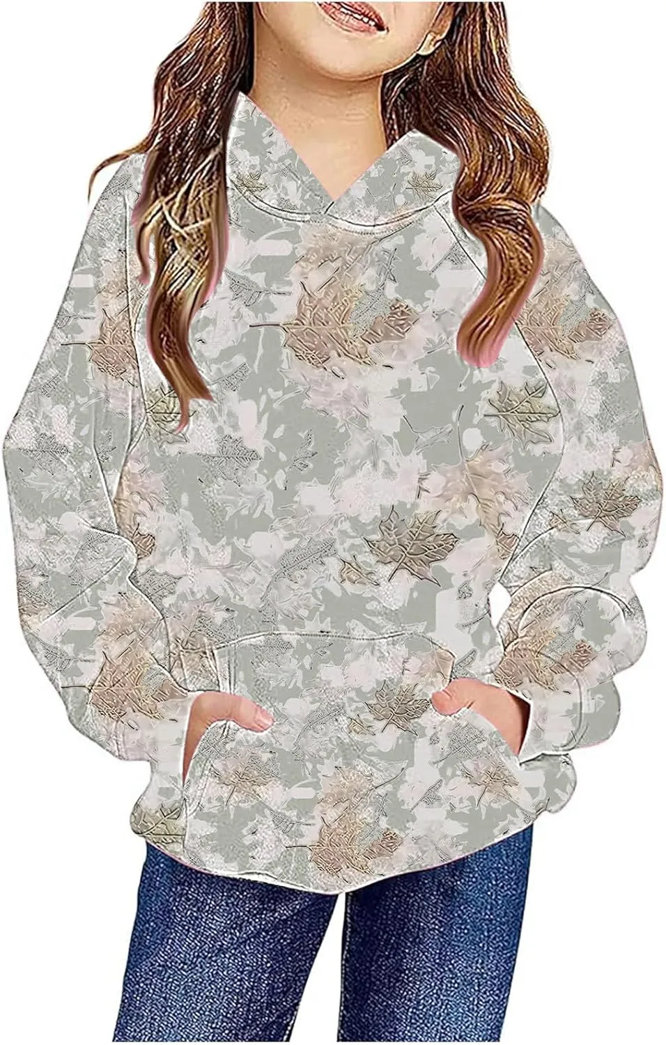 Children's Hoodies Camo Oversized Sweatshirt Maple Leaf Print Pullover Trendy Cute Long Sleeve Tops with Pockets