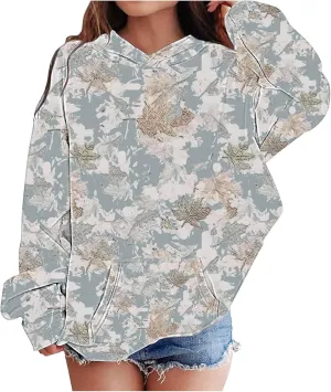 Children's Hoodies Camo Oversized Sweatshirt Maple Leaf Print Pullover Trendy Cute Long Sleeve Tops with Pockets