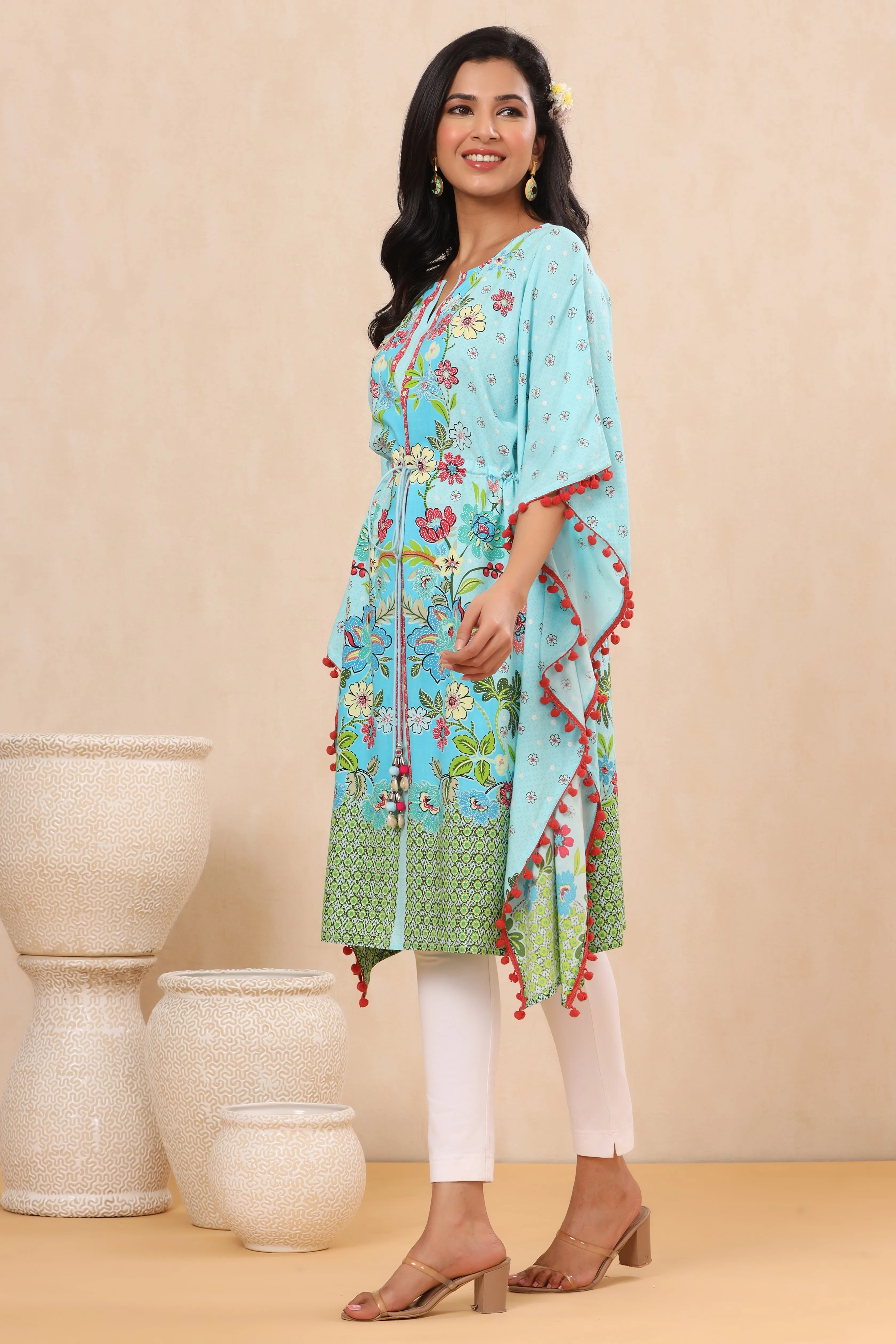 Juniper Sky Blue Floral Printed Calf-Length Rayon Kaftan.