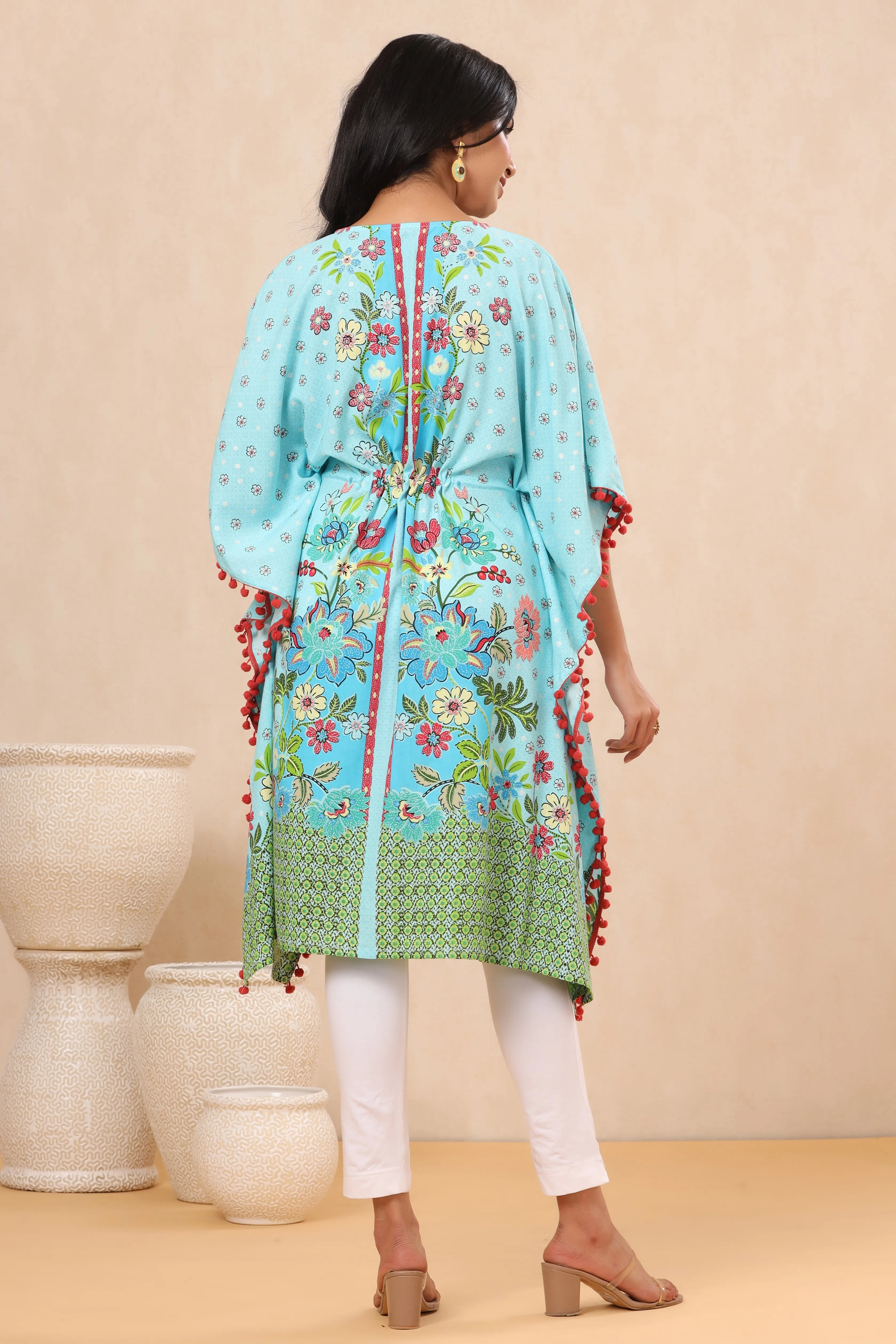 Juniper Sky Blue Floral Printed Calf-Length Rayon Kaftan.