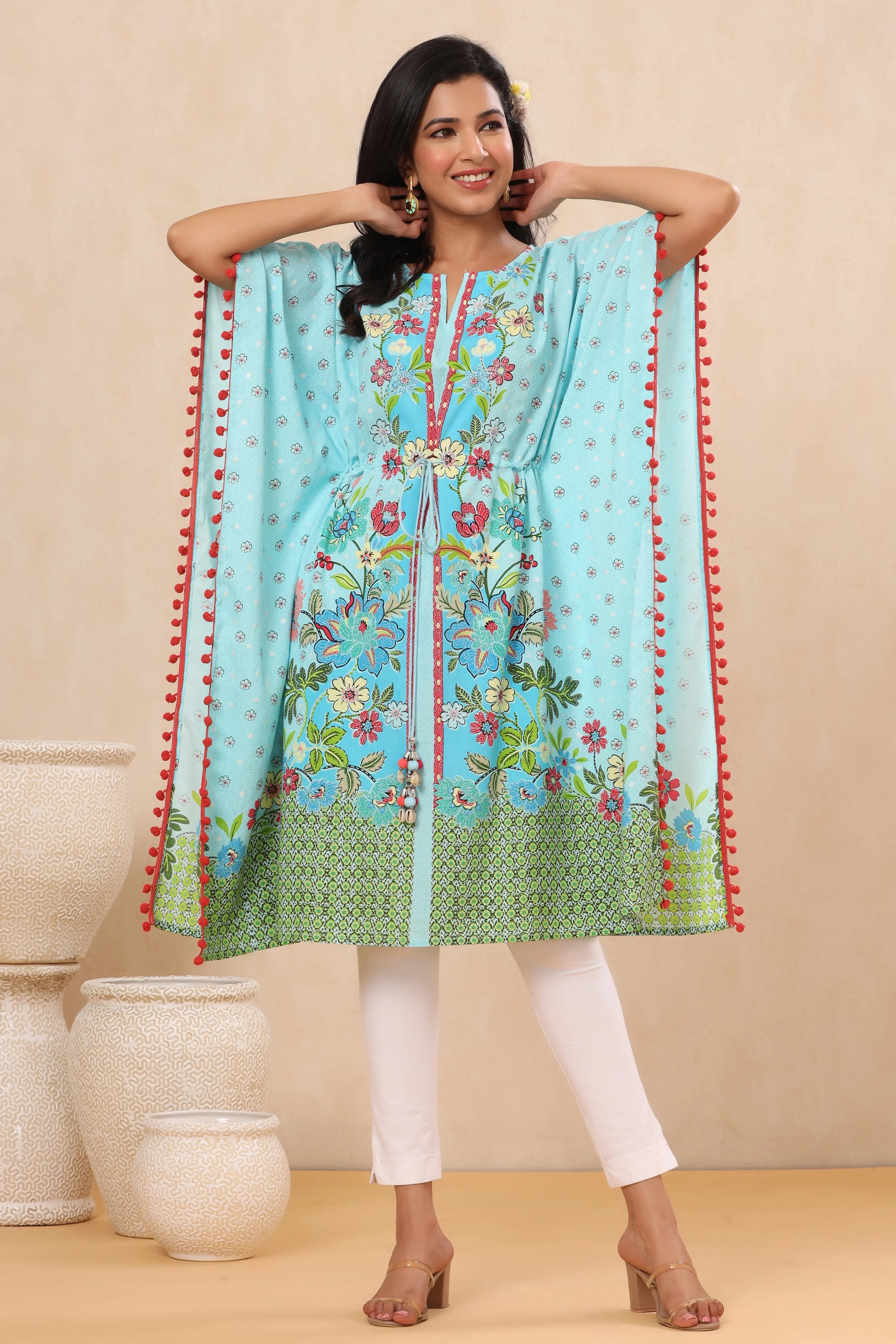 Juniper Sky Blue Floral Printed Calf-Length Rayon Kaftan.