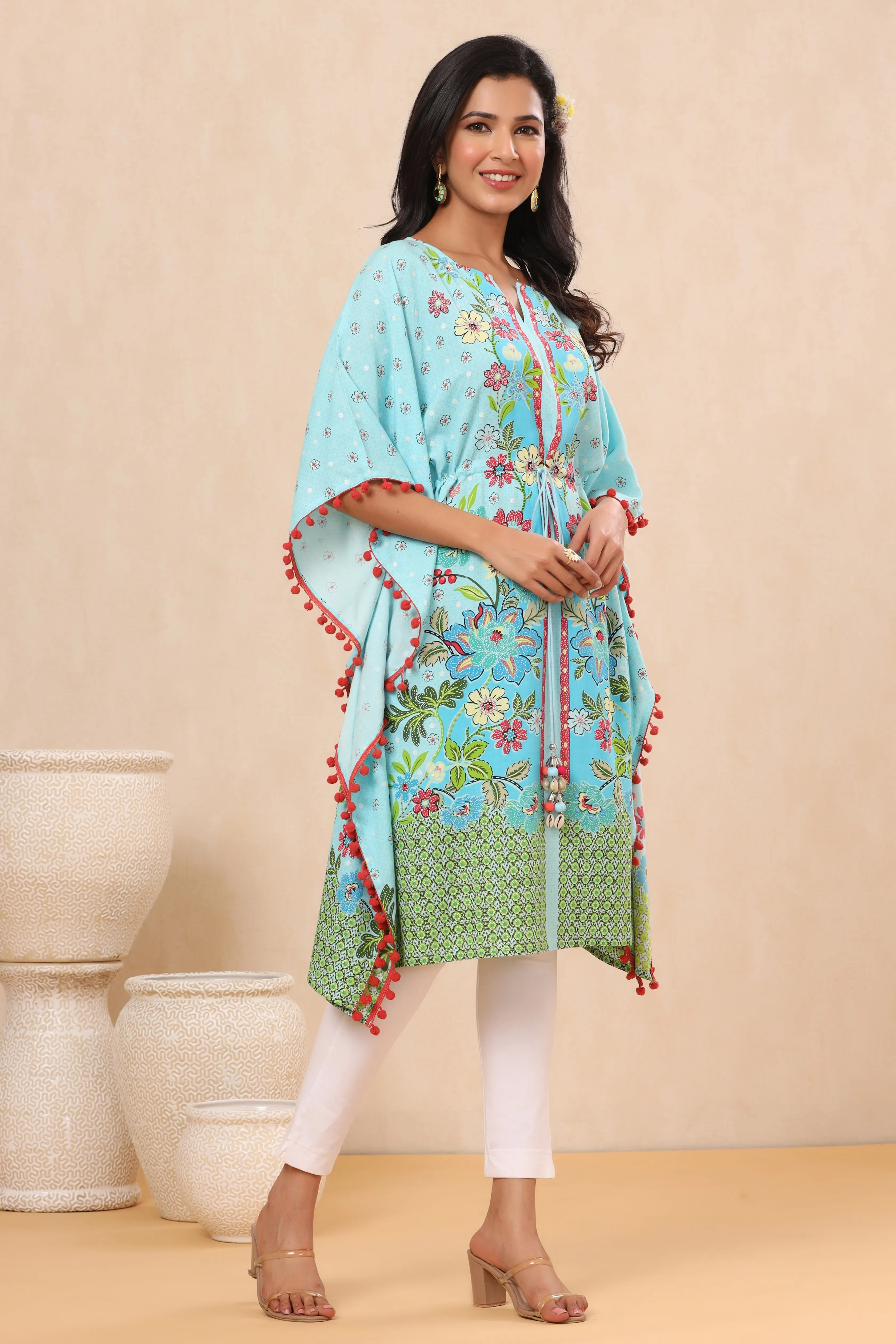 Juniper Sky Blue Floral Printed Calf-Length Rayon Kaftan.