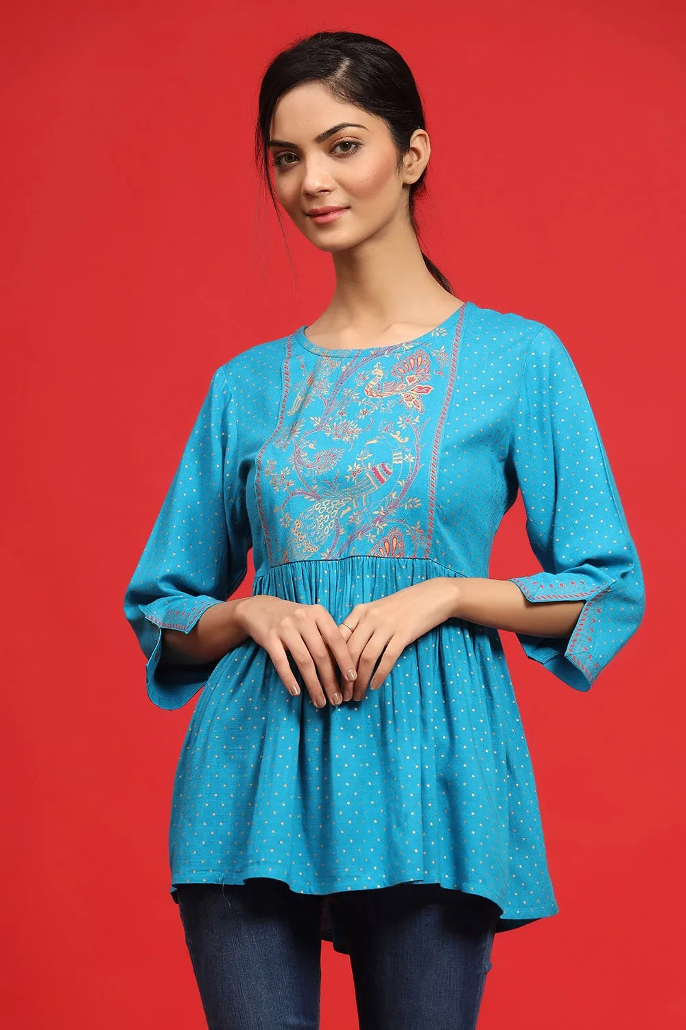Juniper Sky Blue Polka Dot Printed Rayon Peplum Tunic