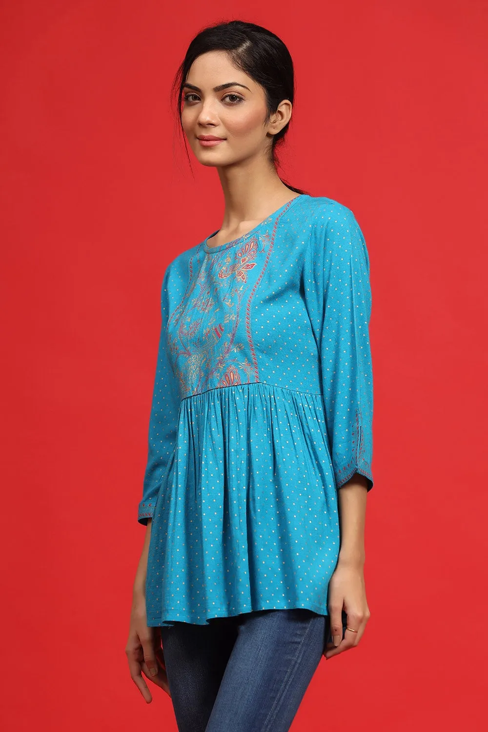 Juniper Sky Blue Polka Dot Printed Rayon Peplum Tunic