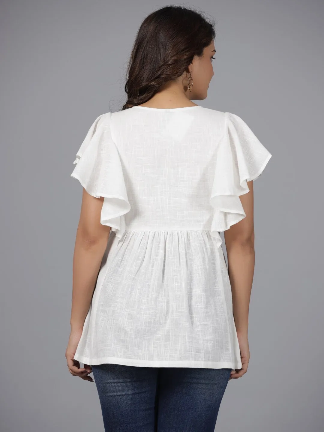 Juniper White Floral Printed Cotton Slub Tunic With Thread Embroidery