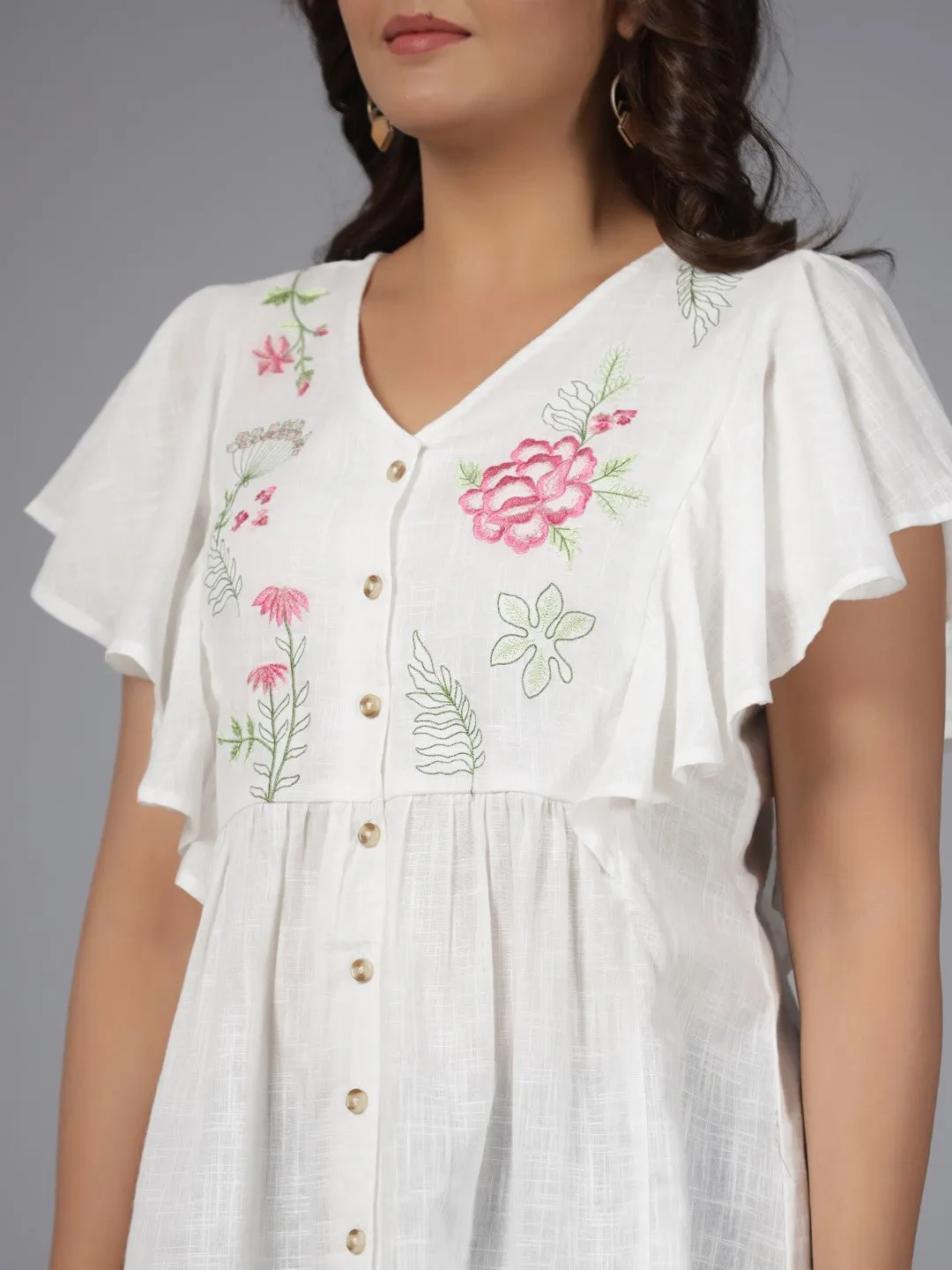 Juniper White Floral Printed Cotton Slub Tunic With Thread Embroidery