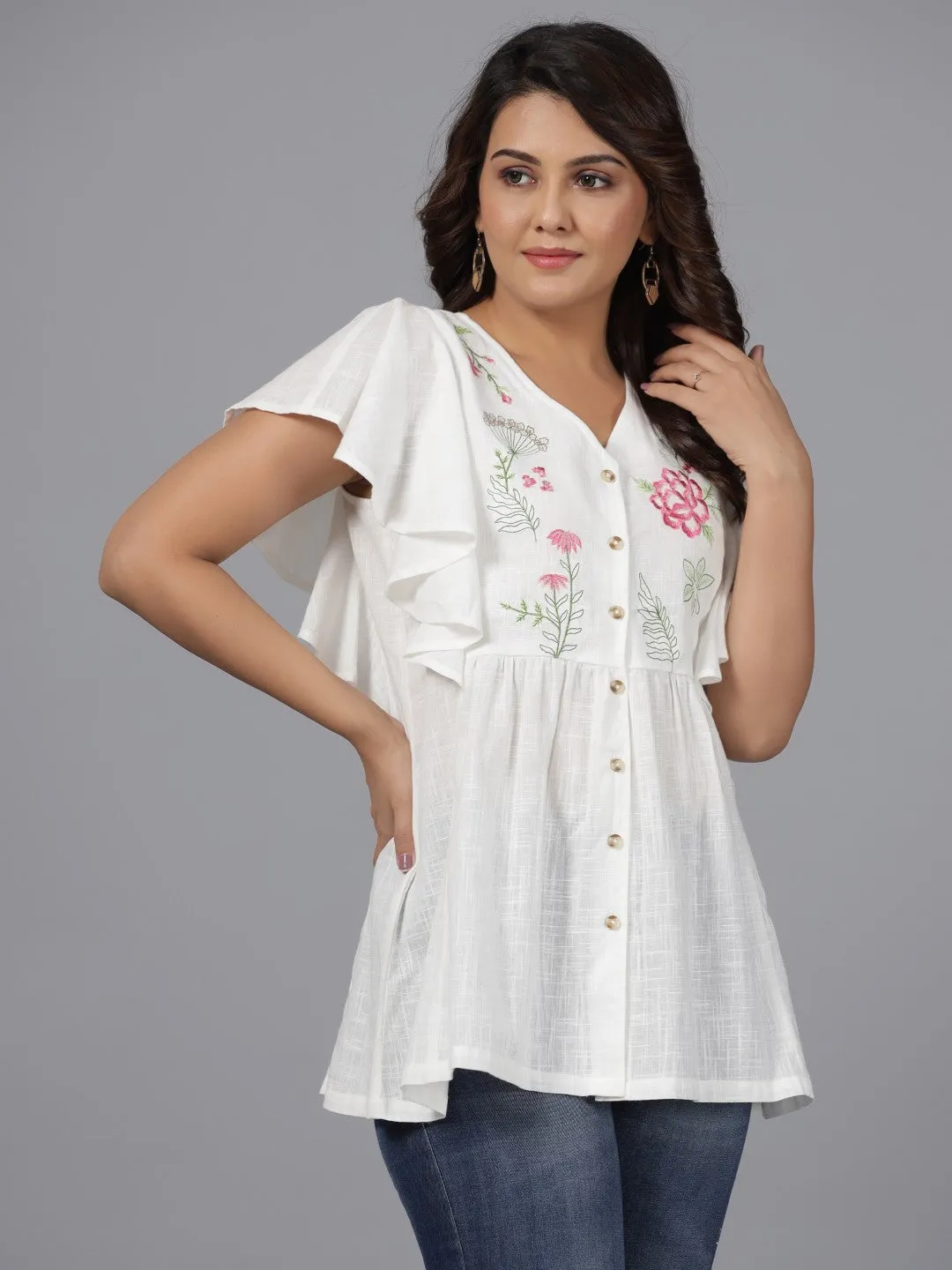 Juniper White Floral Printed Cotton Slub Tunic With Thread Embroidery