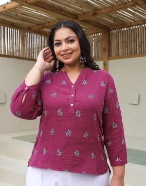 Juniper Wine Women Floral Embroidered High-Low Cotton Plus Size Tunic With Half Placket
