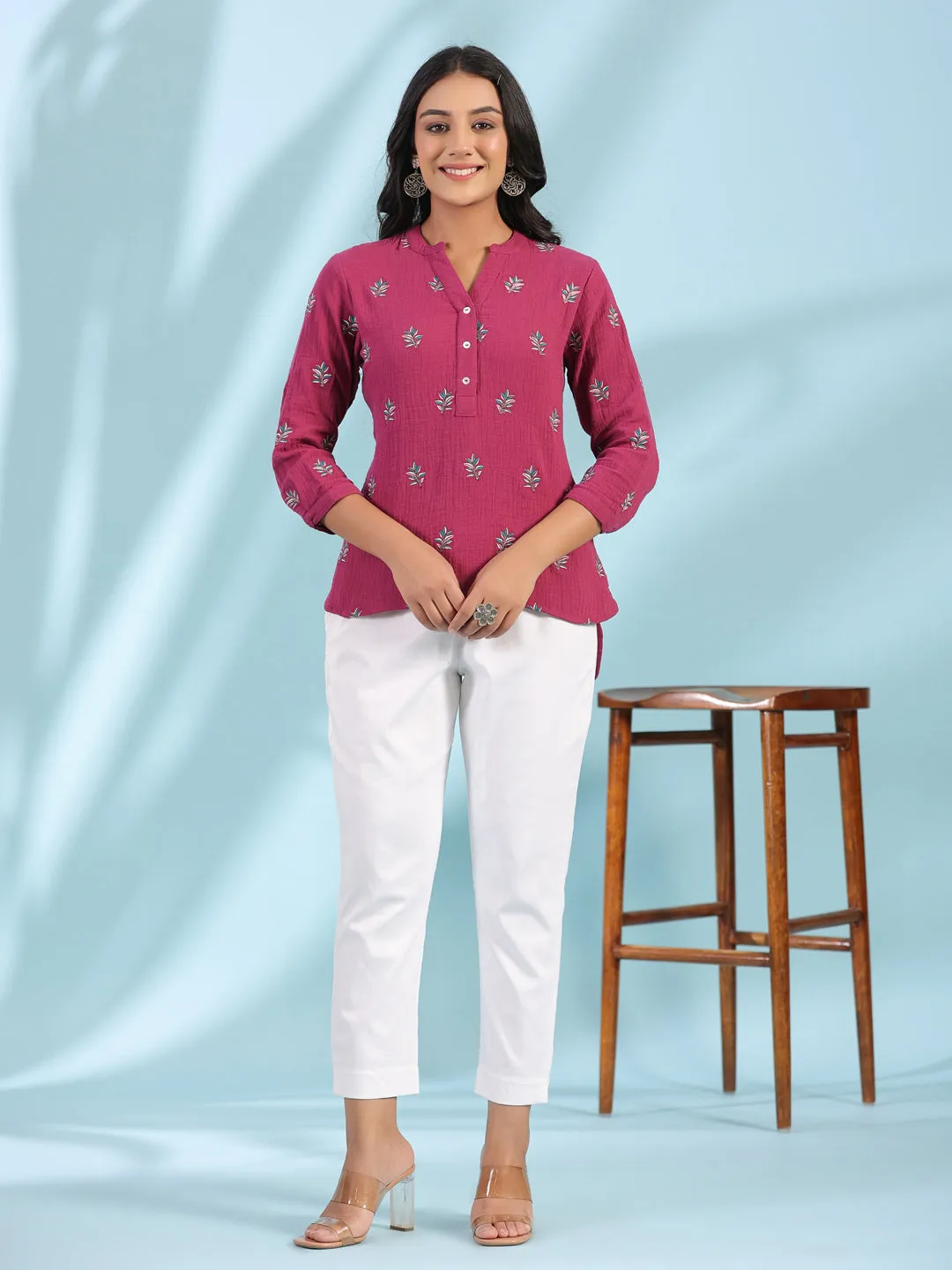 Juniper Wine Women Floral Embroidered High-Low Cotton Tunic With Half Placket