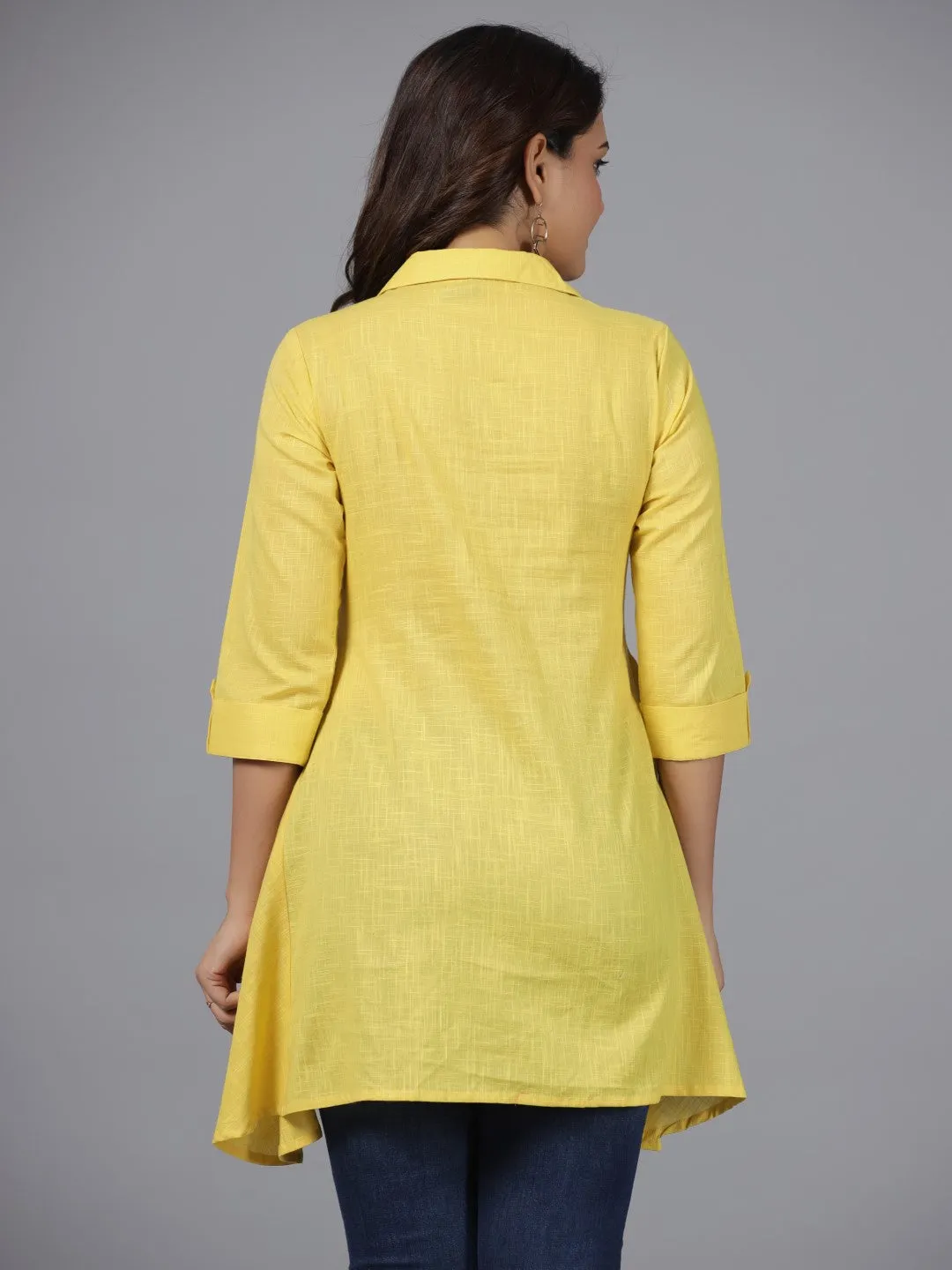 Juniper Yellow Floral Printed Cotton Slub Tunic With Thread Work