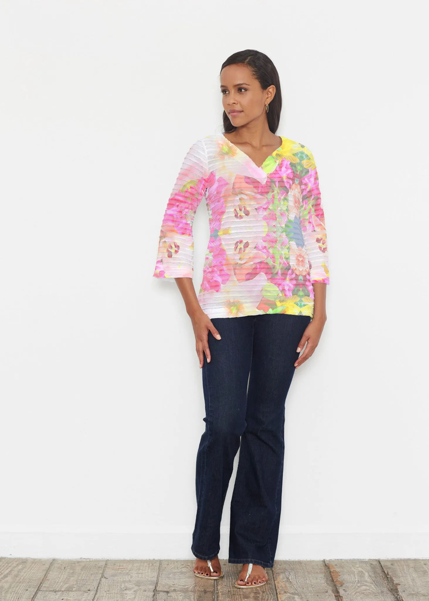 Mirage Pink (13140) ~ Banded 3/4 Bell-Sleeve V-Neck Tunic