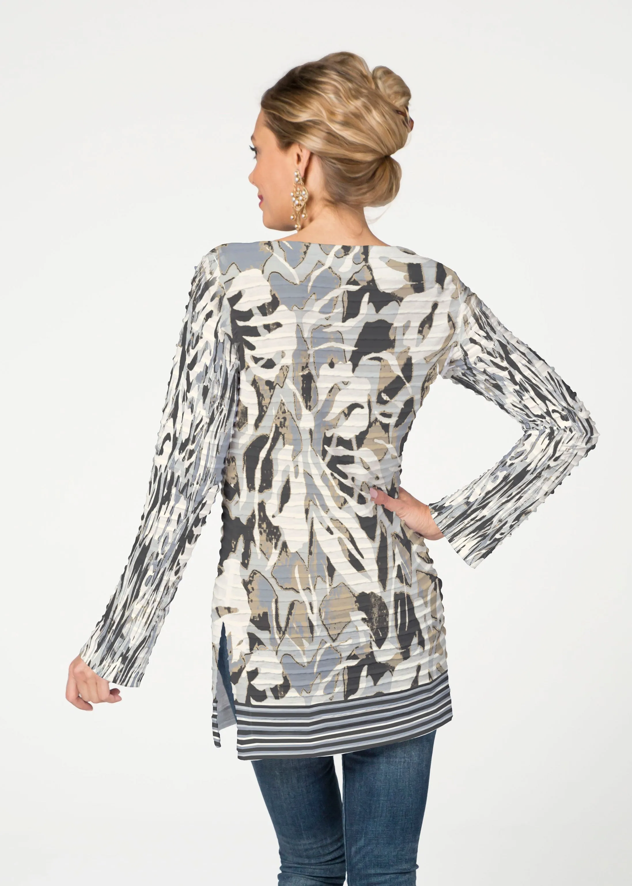 Mystic Floral Stripe Grey (19170) ~ Banded Boatneck Tunic
