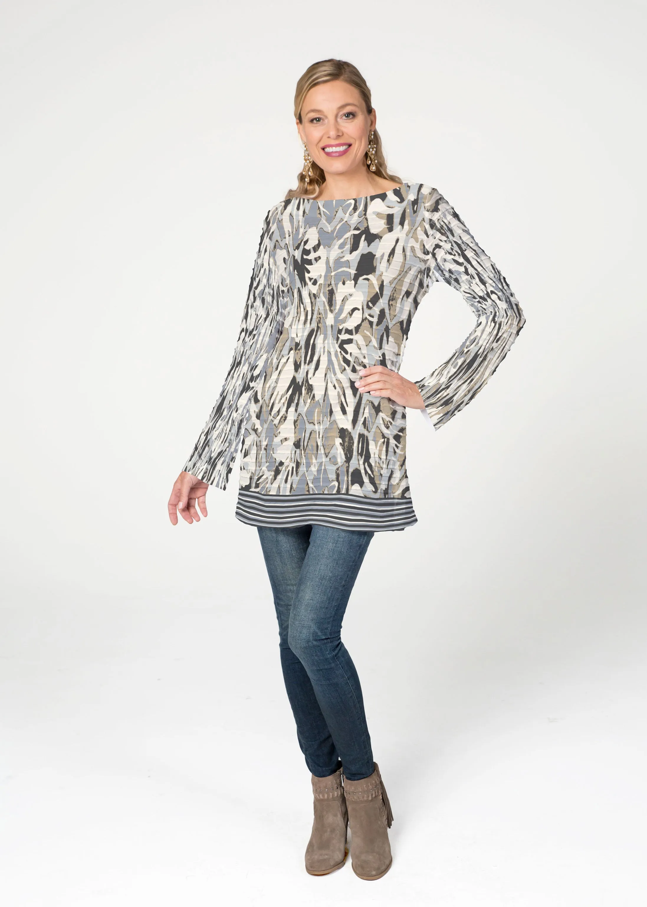 Mystic Floral Stripe Grey (19170) ~ Banded Boatneck Tunic