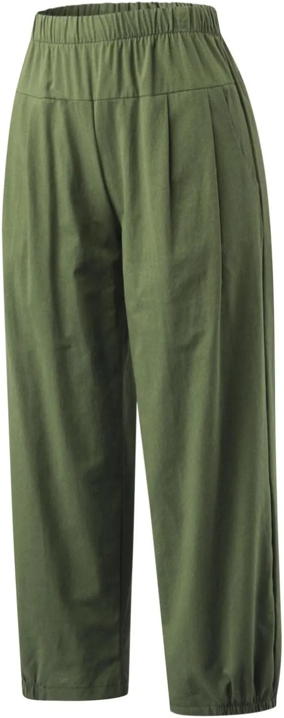 Nyybw High Waist Wide Leg Pants for Women Casual Crop Dress Pants Stretch Cotton Linen Pull On Office Capris Work Trousers