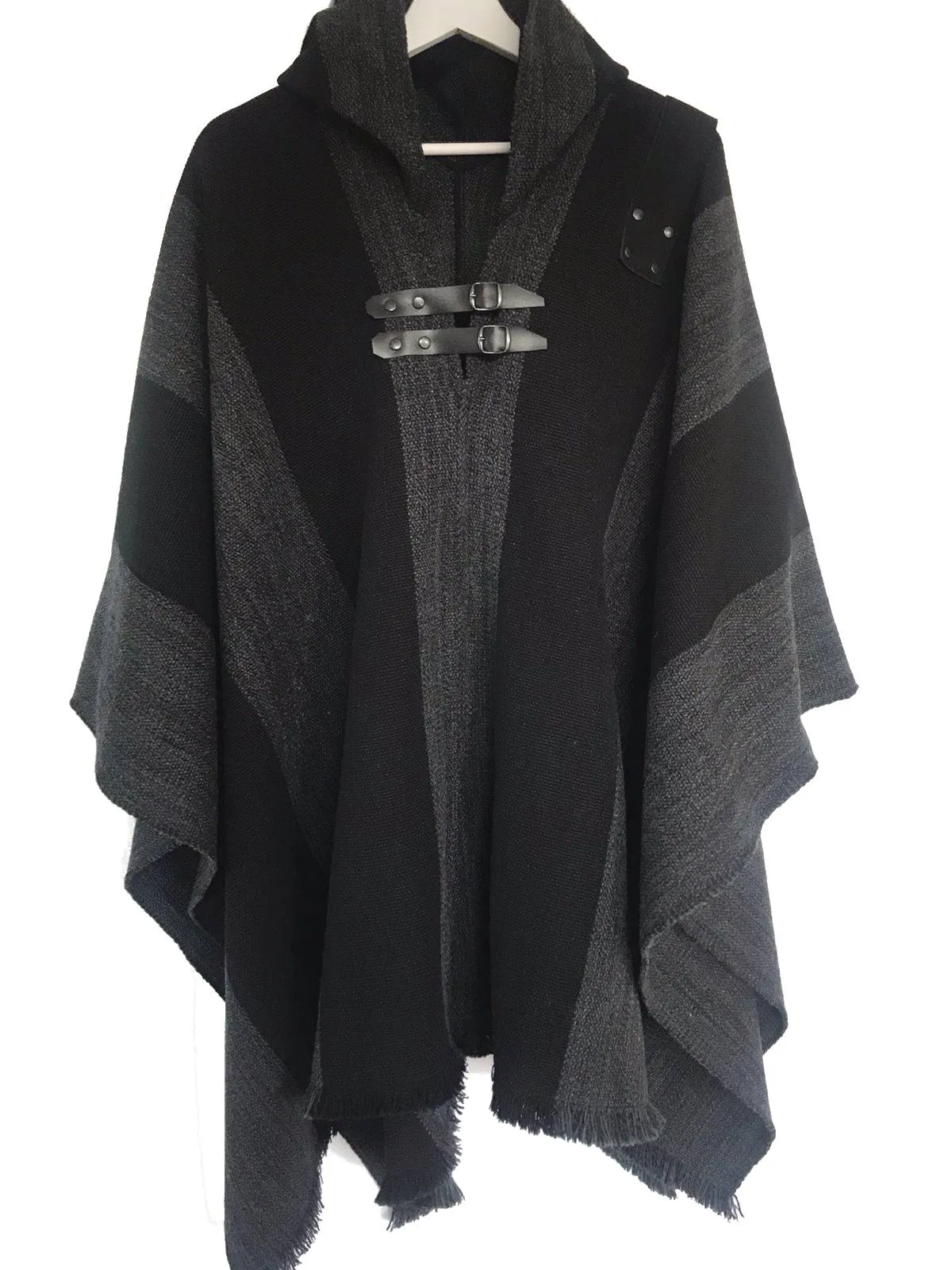 Poncho gorro Legend unisex lana y alpaca con franjas marengo y negro