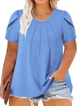 ROSRISS Plus Size Tops for Women Summer Casual T Shirts Crewneck Petal Short Sleeve Tunics