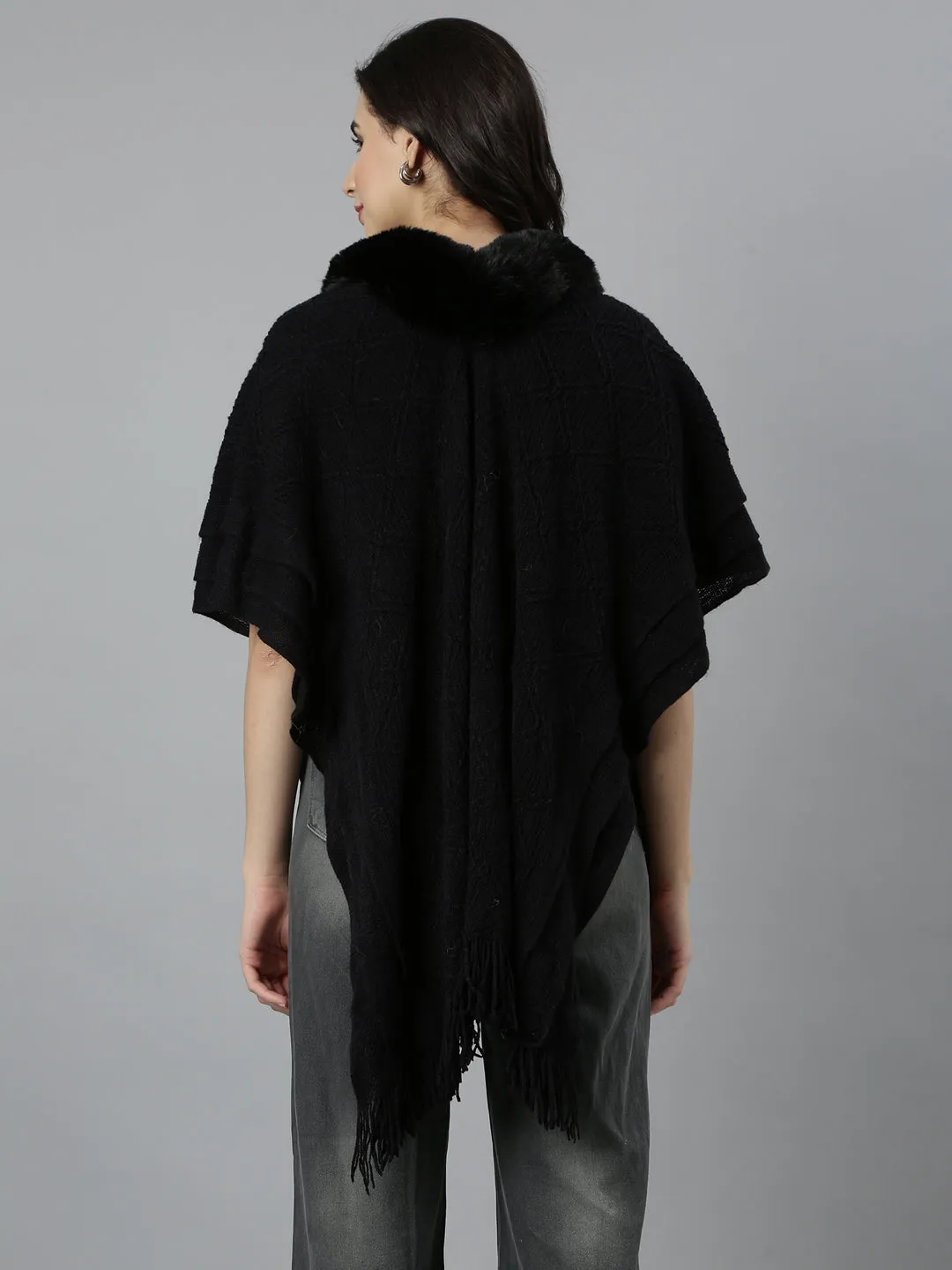 Women Chevron Longline Black Poncho