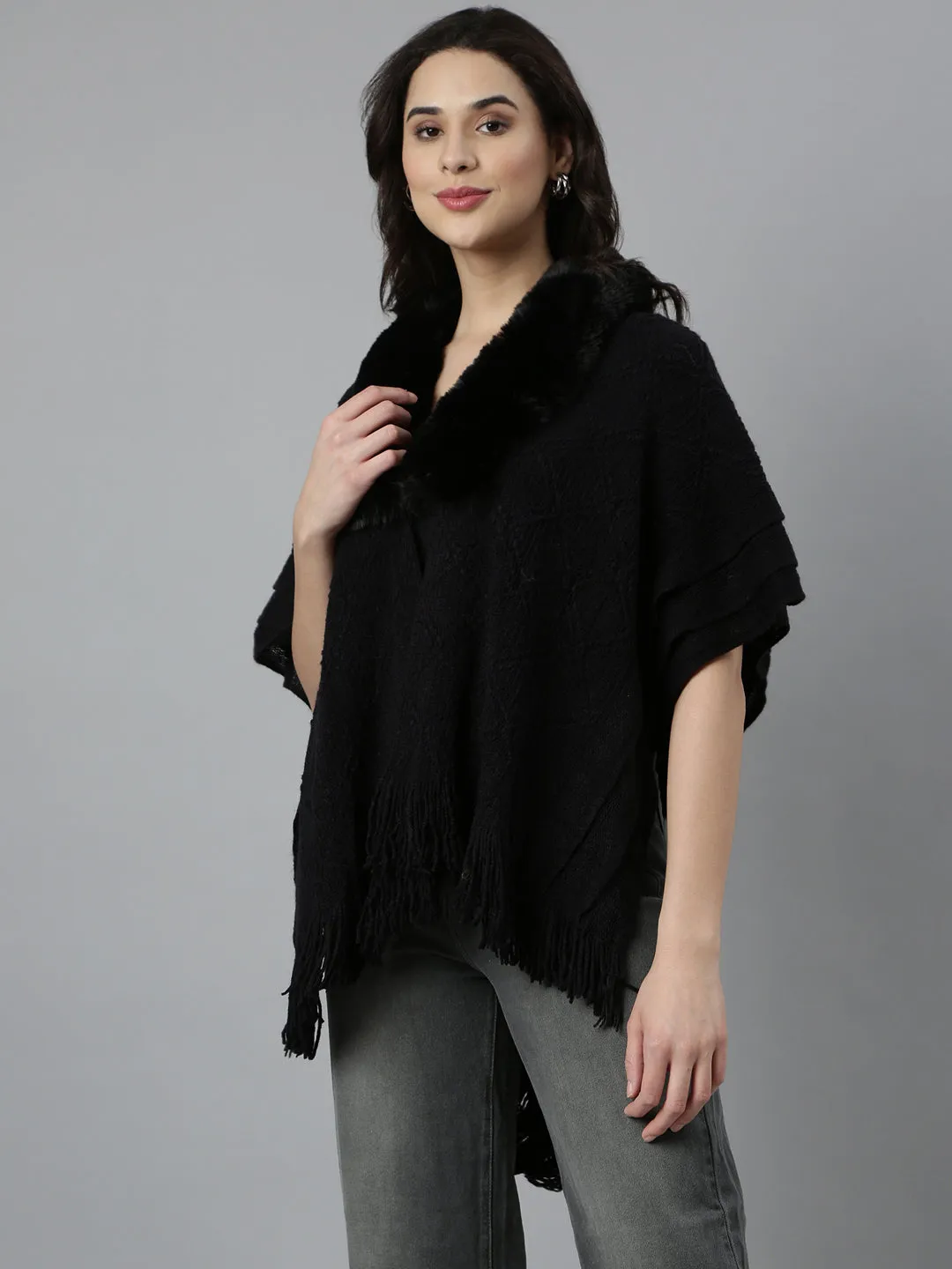 Women Chevron Longline Black Poncho