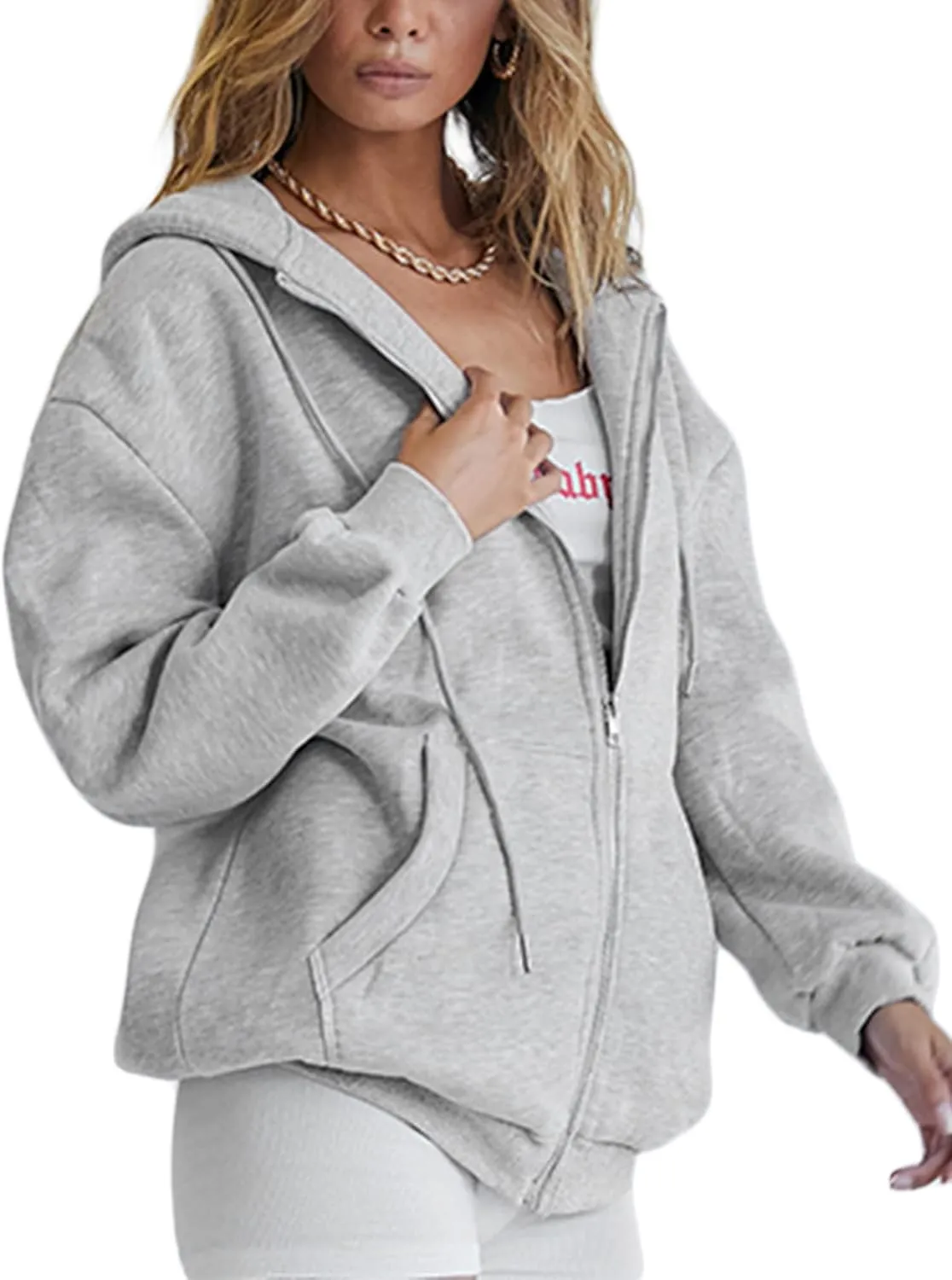 Women Oversized Zip Up Hoodies Sweatshirts Clothes Teen Girl Casual Drawstring Jackets with Pockets