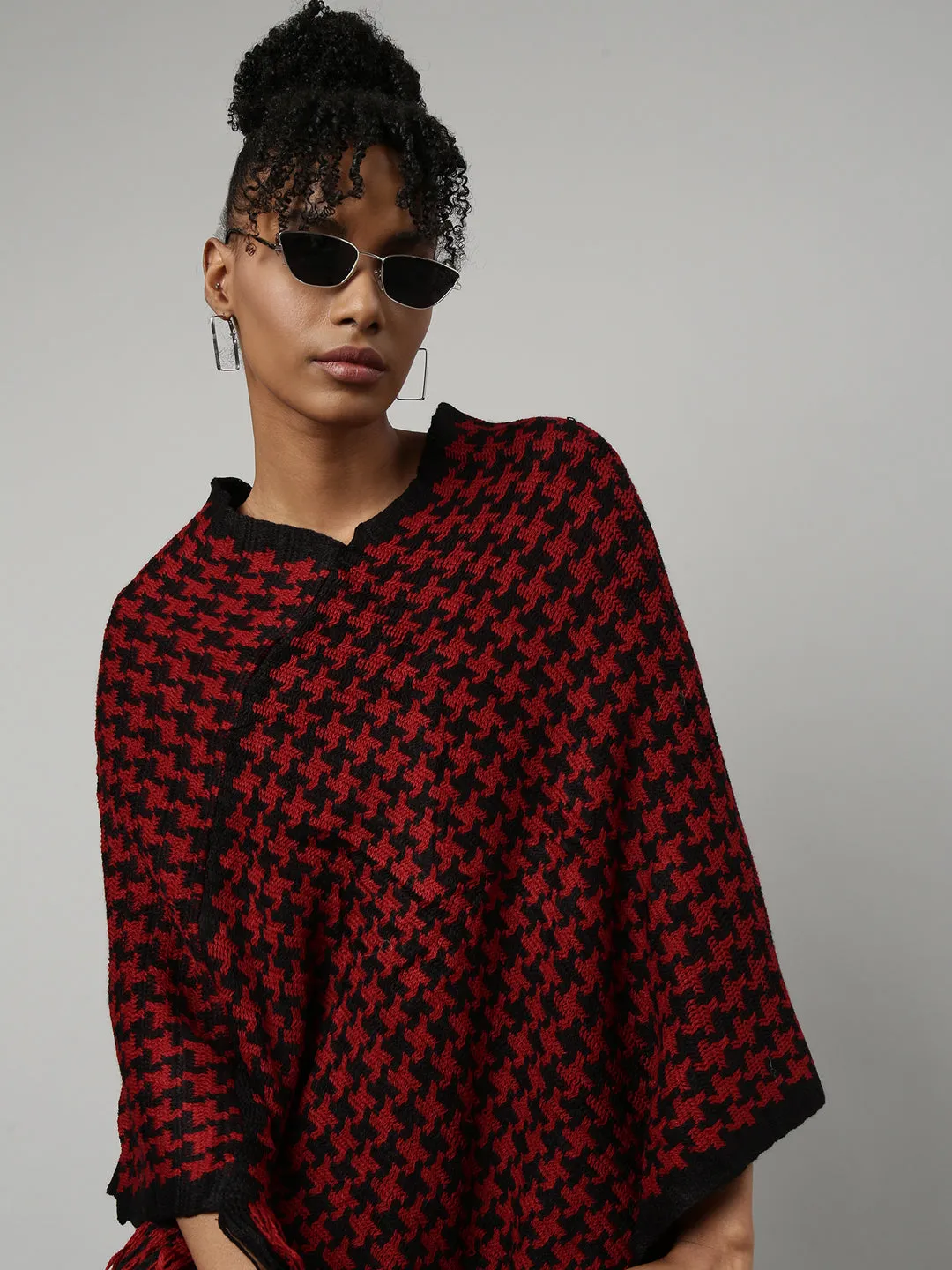 Women Red V-Neck Longline Fringed Poncho