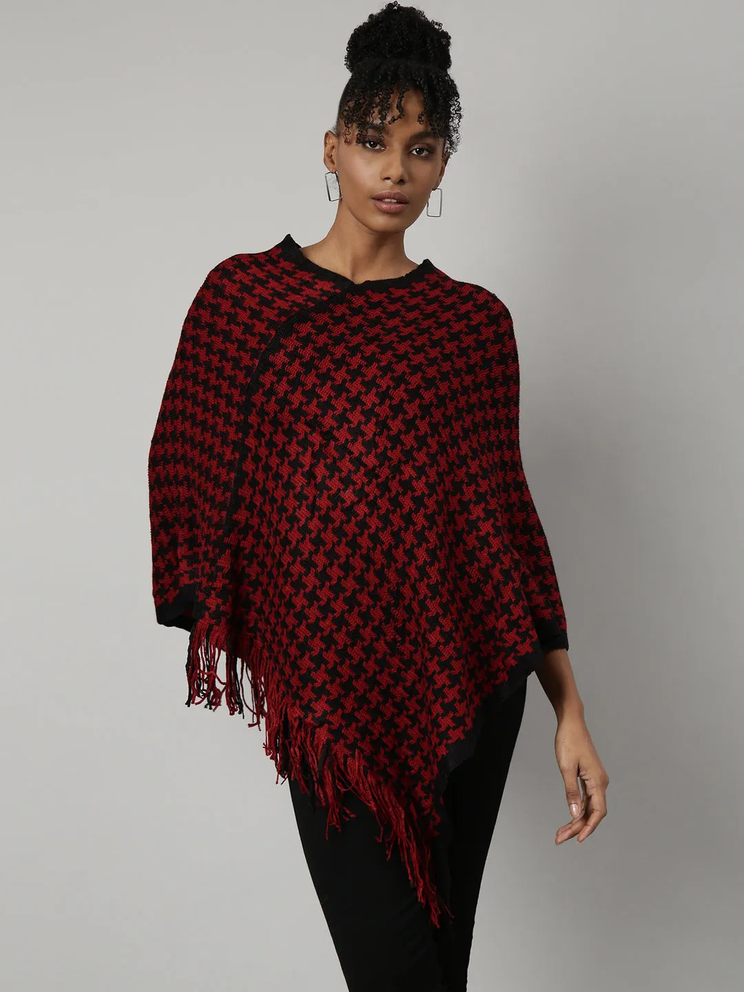 Women Red V-Neck Longline Fringed Poncho