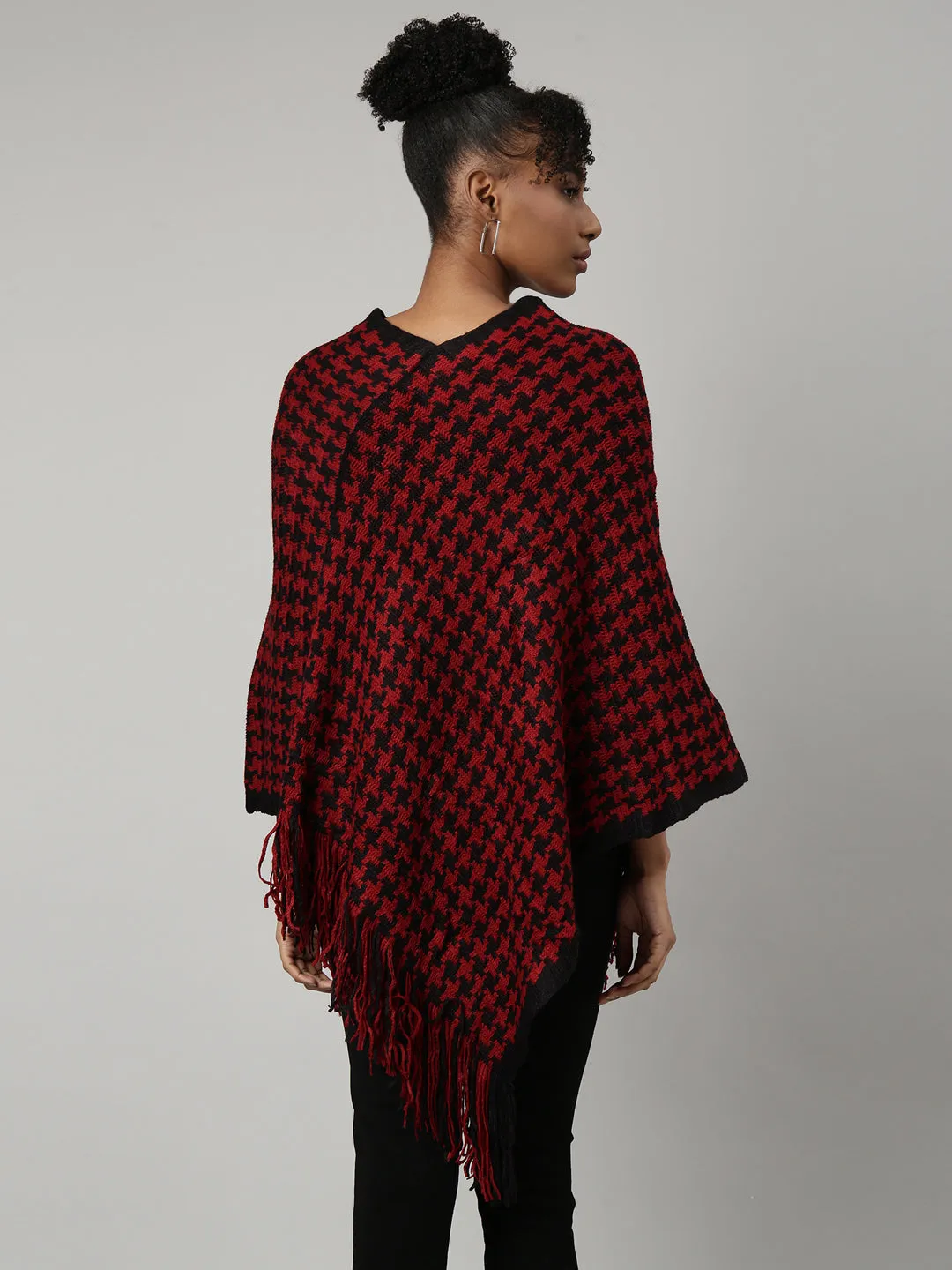 Women Red V-Neck Longline Fringed Poncho