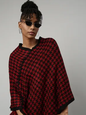 Women Red V-Neck Longline Fringed Poncho