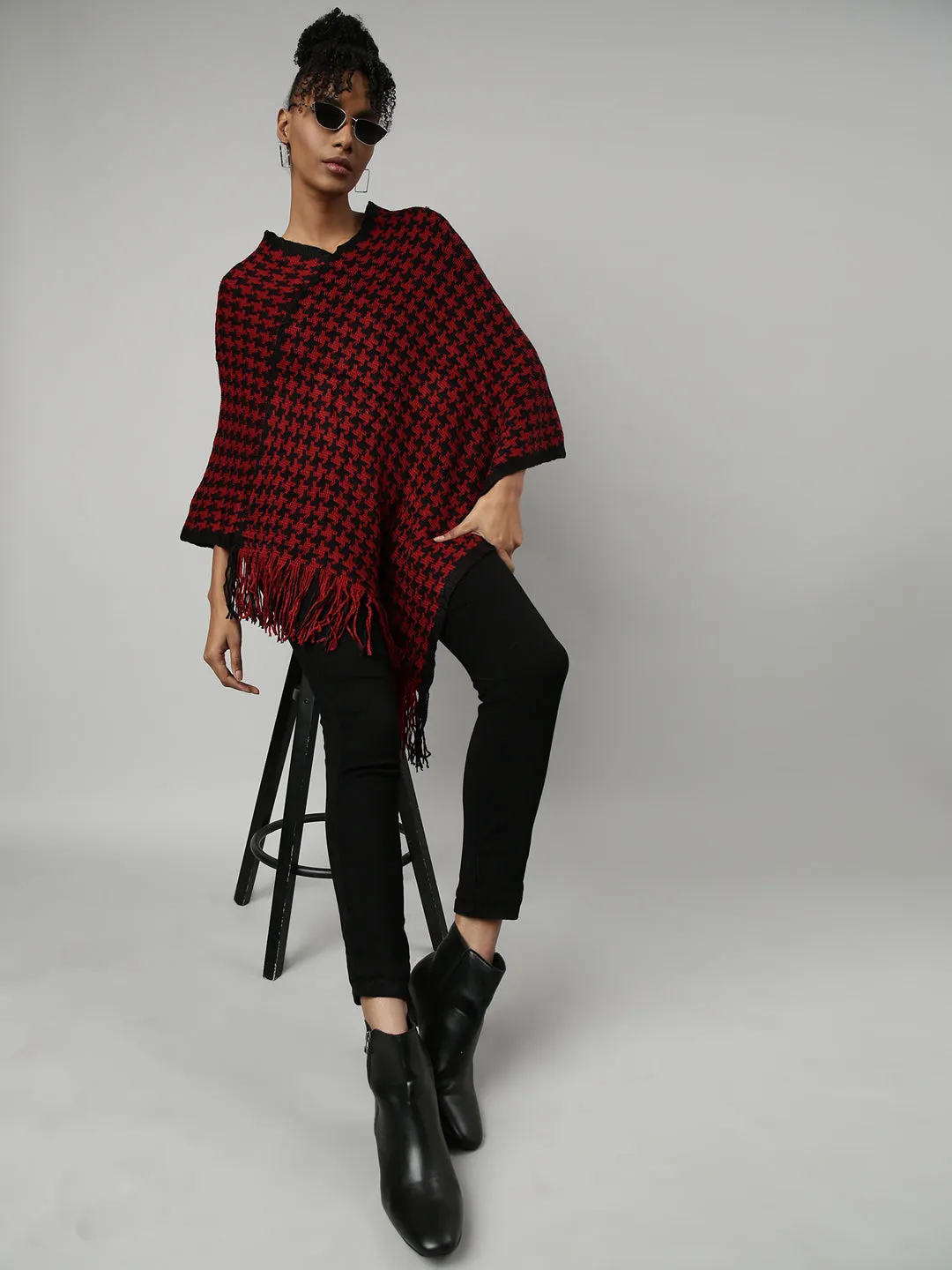 Women Red V-Neck Longline Fringed Poncho