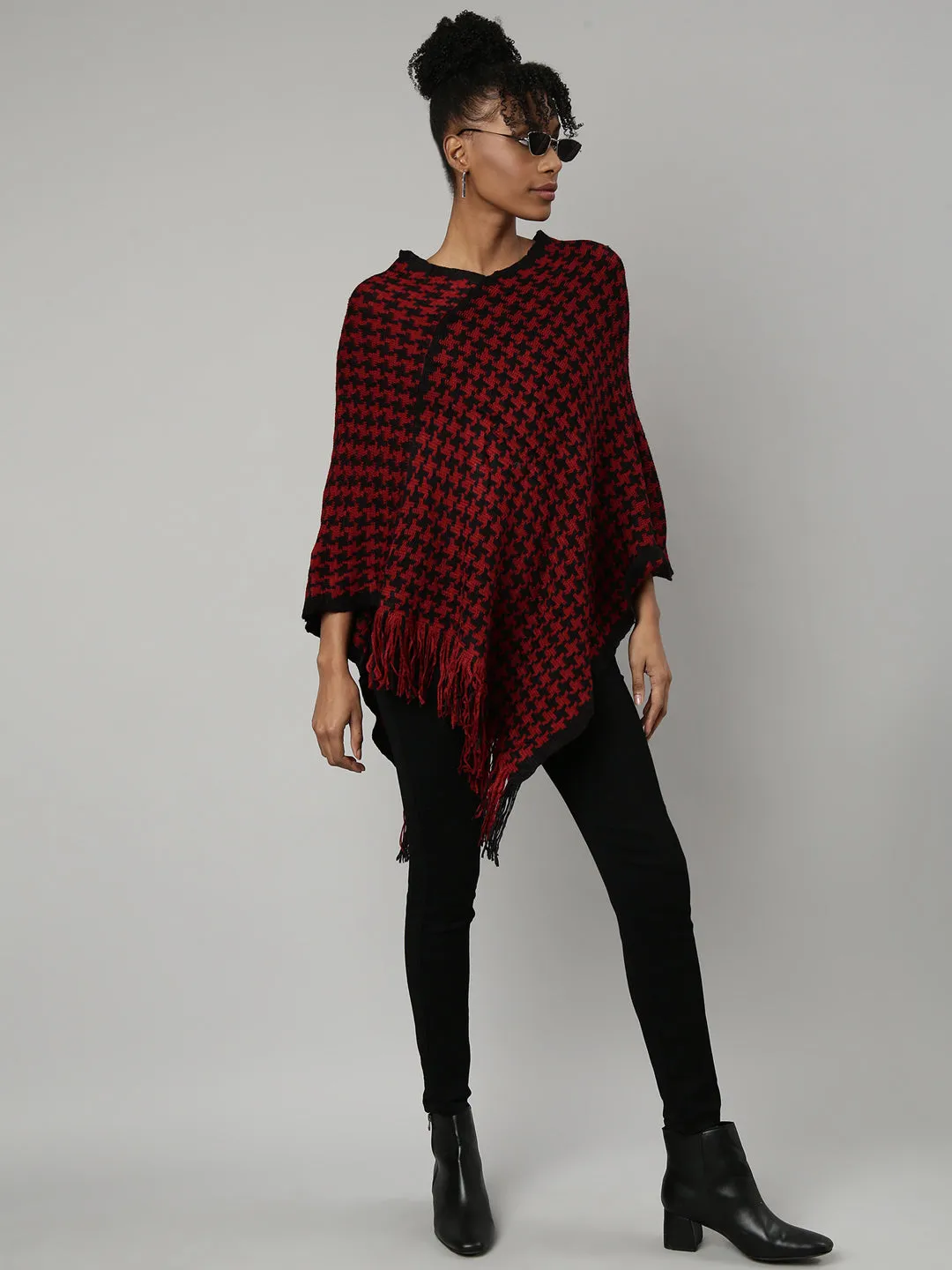 Women Red V-Neck Longline Fringed Poncho