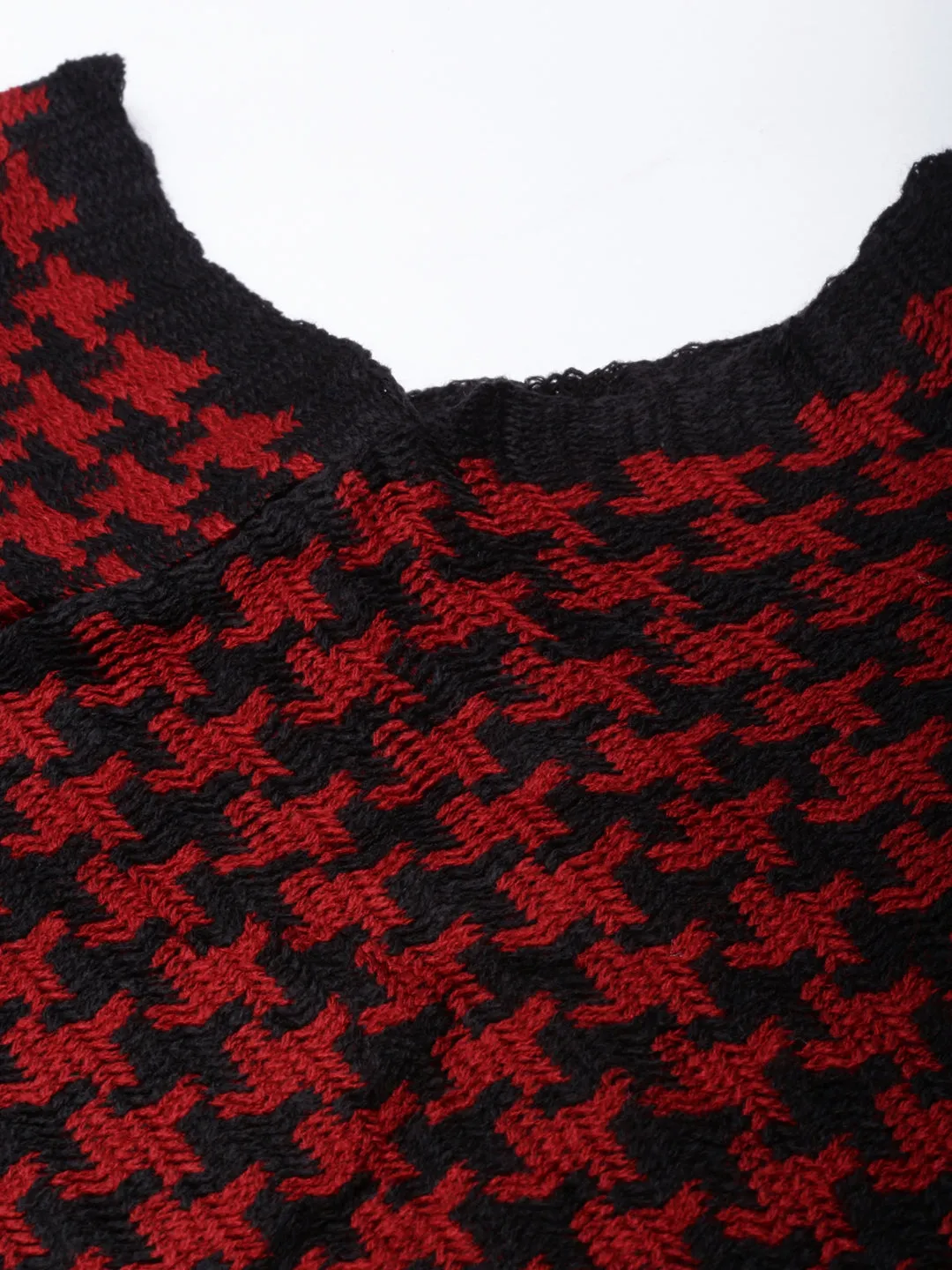 Women Red V-Neck Longline Fringed Poncho