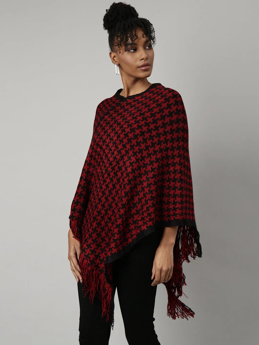 Women Red V-Neck Longline Fringed Poncho