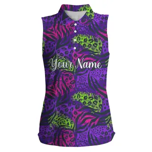 Womens sleeveless polo shirts with colorful purple tropical background, custom team golf polo shirts