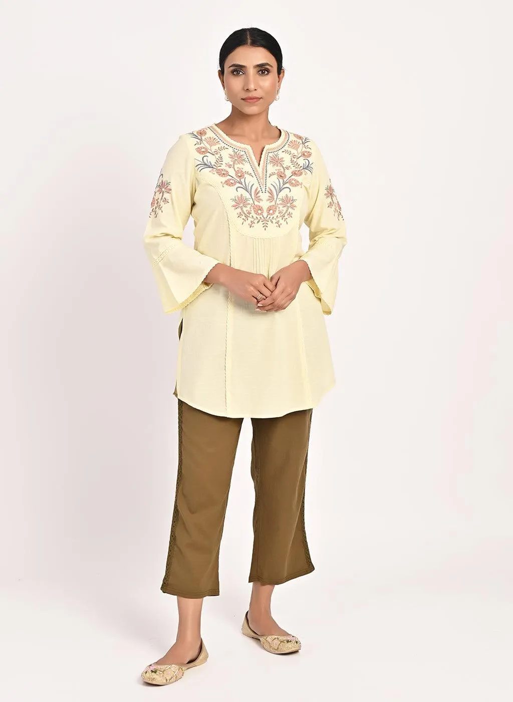 Yellow Cotton Kurti with Floral Embroidery
