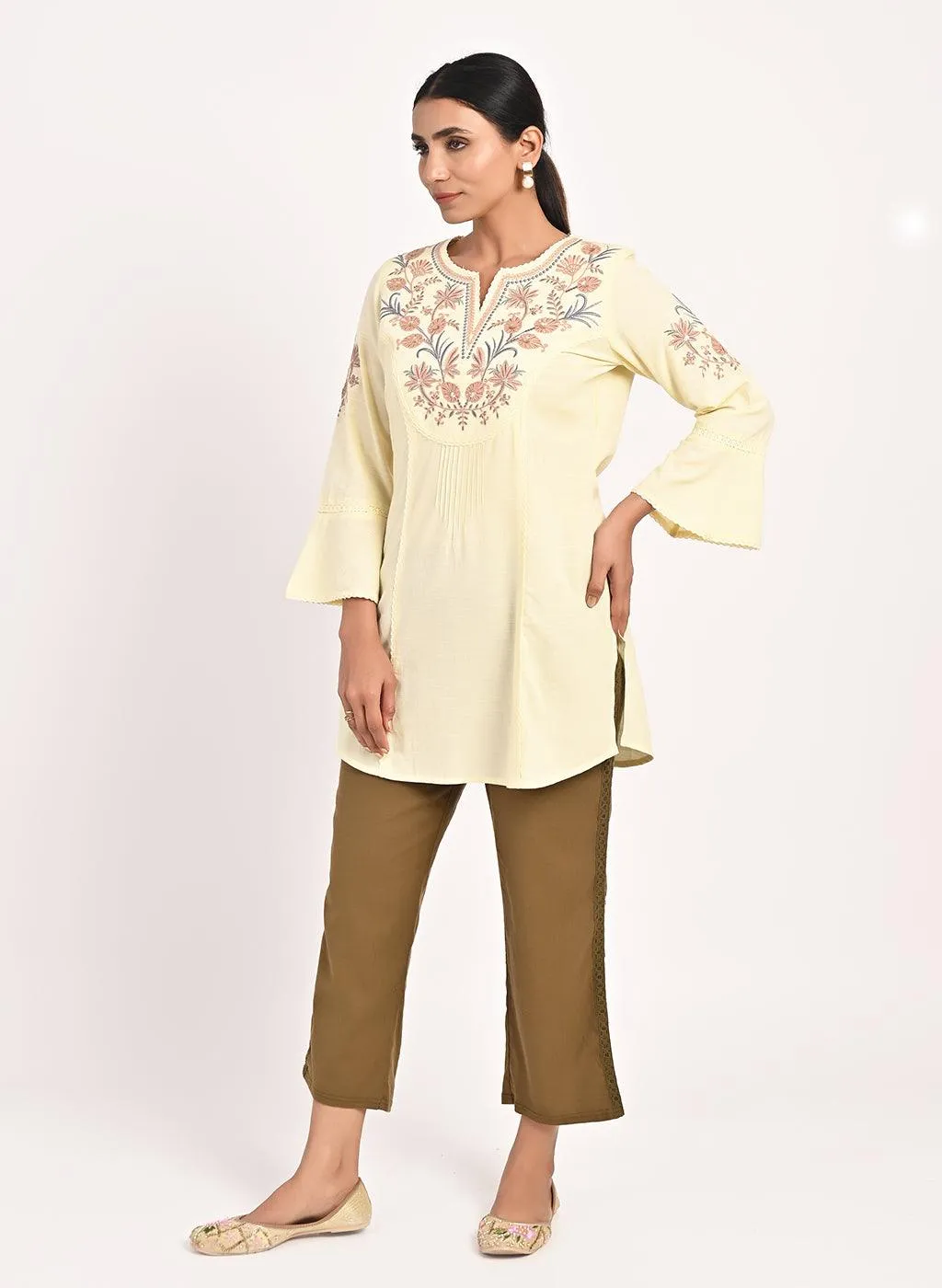 Yellow Cotton Kurti with Floral Embroidery