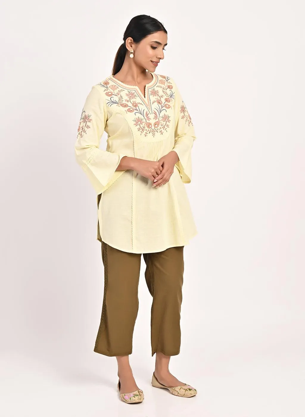 Yellow Cotton Kurti with Floral Embroidery