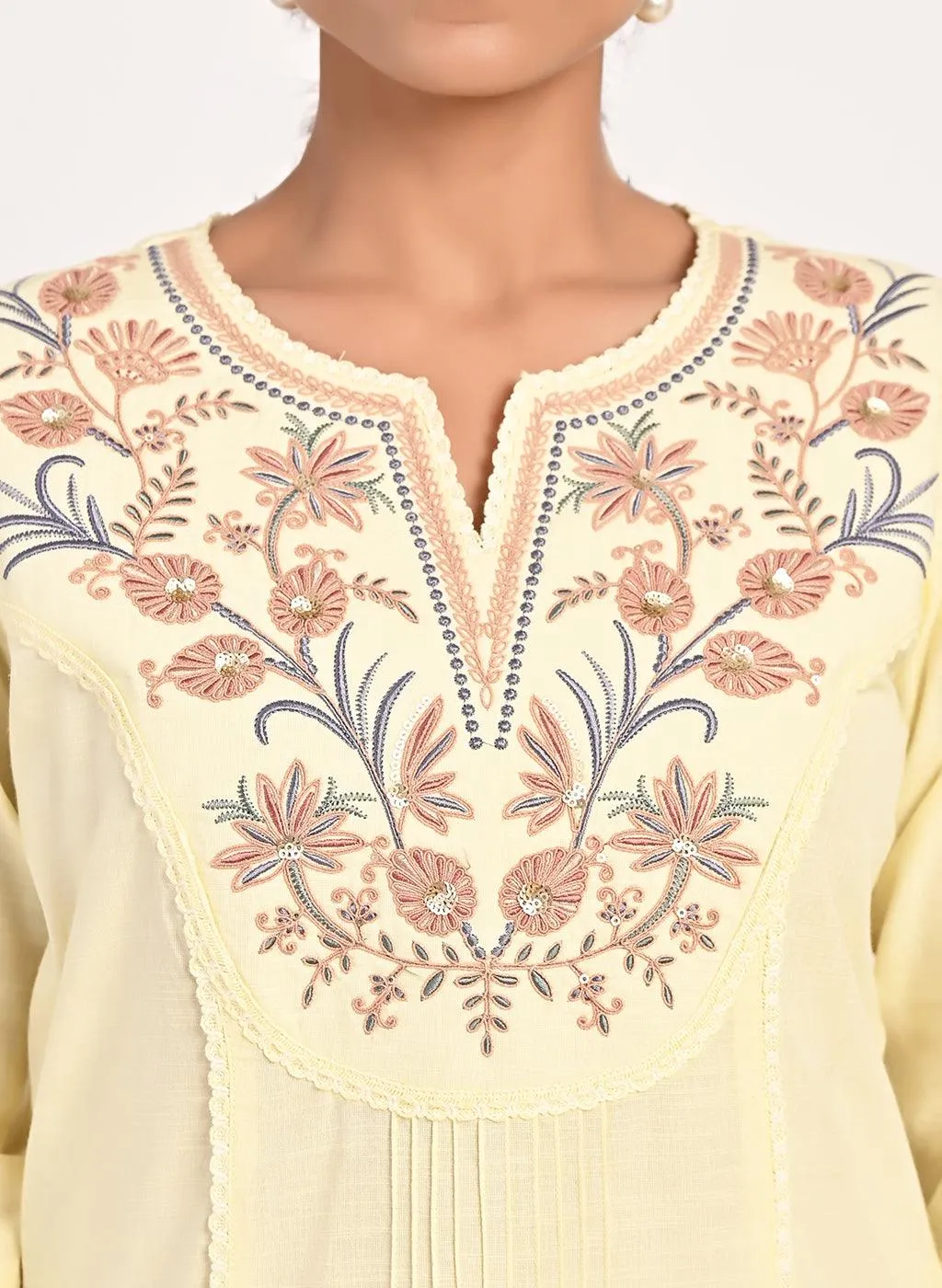 Yellow Cotton Kurti with Floral Embroidery